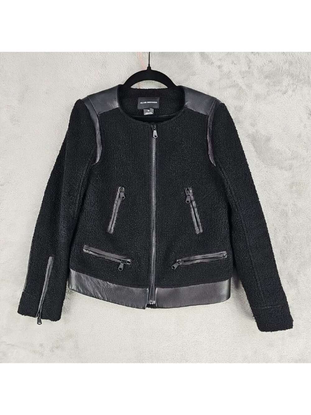 Club Monaco Jacket Womens 00 Black Wool Blend Leather Trim Zip Pockets Moto